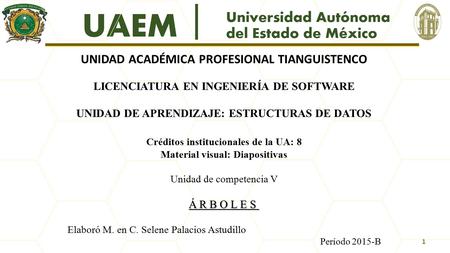 UNIDAD ACADÉMICA PROFESIONAL TIANGUISTENCO LICENCIATURA EN INGENIERÍA DE SOFTWARE UNIDAD DE APRENDIZAJE: ESTRUCTURAS DE DATOS Créditos institucionales.