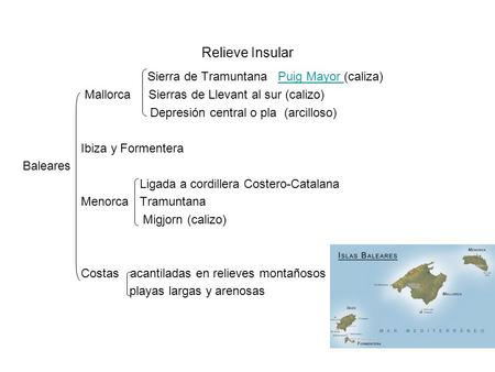 Relieve Insular Sierra de Tramuntana Puig Mayor (caliza)Puig Mayor Mallorca Sierras de Llevant al sur (calizo) Depresión central o pla (arcilloso) Ibiza.