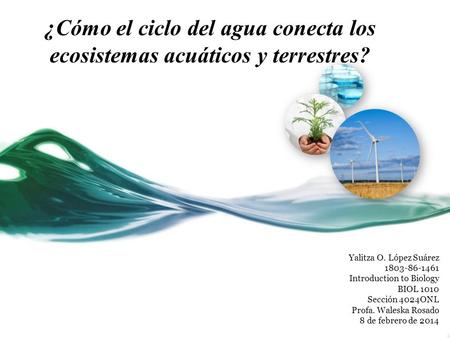 ¿Cómo el ciclo del agua conecta los ecosistemas acuáticos y terrestres? Yalitza O. López Suárez 1803-86-1461 Introduction to Biology BIOL 1010 Sección.