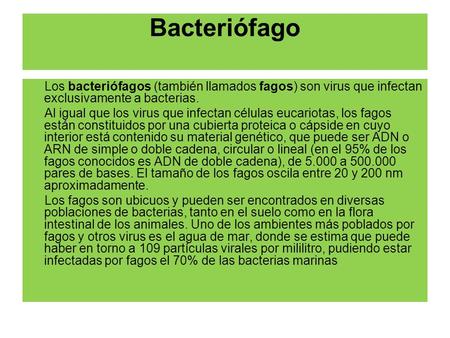 Bacteriófago Los bacteriófagos (también llamados fagos) son virus que infectan exclusivamente a bacterias. Al igual que los virus que infectan células.
