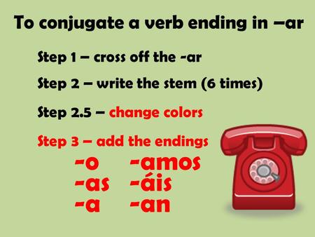 To conjugate a verb ending in –ar Step 1 – cross off the -ar Step 2 – write the stem (6 times) Step 2.5 – change colors Step 3 – add the endings -o -as.