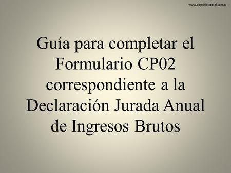 Www.dominiolaboral.com.ar Guía para completar el Formulario CP02 correspondiente a la Declaración Jurada Anual de Ingresos Brutos.