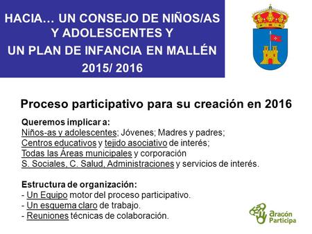 HACIA… UN CONSEJO DE NIÑOS/AS Y ADOLESCENTES Y UN PLAN DE INFANCIA EN MALLÉN 2015/ 2016 Proceso participativo para su creación en 2016 Queremos implicar.