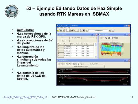 2003 HYPACK MAX Training Seminar1Sample_Editing_Using_RTK_Tides_53 53 – Ejemplo Editando Datos de Haz Simple usando RTK Mareas en SBMAX Demuestra: Las.