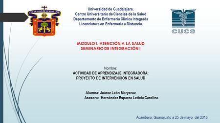 Universidad de Guadalajara. Centro Universitario de Ciencias de la Salud Departamento de Enfermería Clínica Integrada Licenciatura en Enfermería a Distancia.