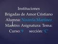 { Instituciones Brigadas de Amor Cristiano Alumna: Nixirela Martínez Maestro: Asignatura: Tema: Curso: 9 sección: ‘C’