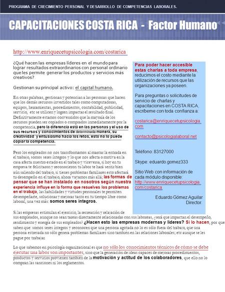 PROGRAMA DE CRECIMIENTO PERSONAL Y DESARROLLO DE COMPETENCIAS LABORALES. CAPACITACIONES COSTA RICA - Factor Humano