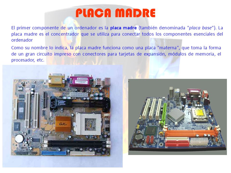 PLACA MADRE El primer componente de un ordenador es la placa madre (también  denominada "placa base"). La placa madre es el concentrador que se utiliza.  - ppt video online descargar