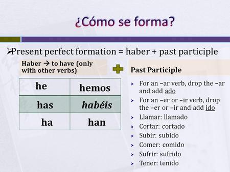 Haber  to have (only with other verbs) Past Participle  For an –ar verb, drop the –ar and add ado  For an –er or –ir verb, drop the –er or –ir and add.