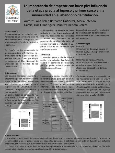 La importancia de empezar con buen pie: influencia de la etapa previa al ingreso y primer curso en la universidad en el abandono de titulación. Autores: