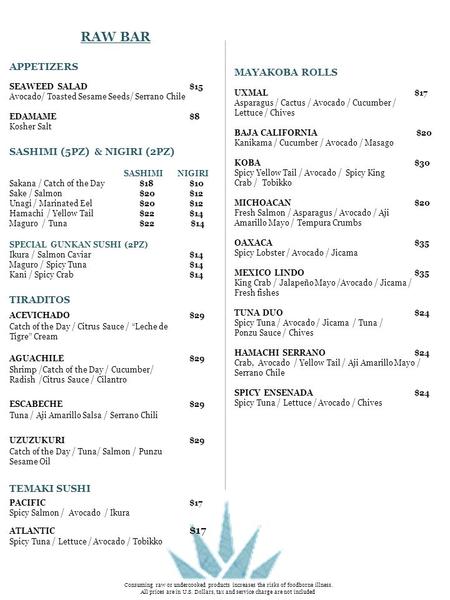 RAW BAR APPETIZERS SEAWEED SALAD$15 Avocado/ Toasted Sesame Seeds/ Serrano Chile EDAMAME$8 Kosher Salt SASHIMI (5PZ) & NIGIRI (2PZ) SASHIMI NIGIRI Sakana.