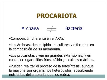 PROCARIOTA ArchaeaBacteria Composición diferente en el ARNr. Las Archeas, tienen lípidos peculiares y diferentes en la composición de su membrana. Los.
