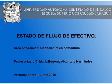 ESTADO DE FLUJO DE EFECTIVO. Área Académica: Licenciatura en contaduría Profesor(a): L.C. María Eugenia Alcántara Hernández Periodo: Enero – Junio 2015.
