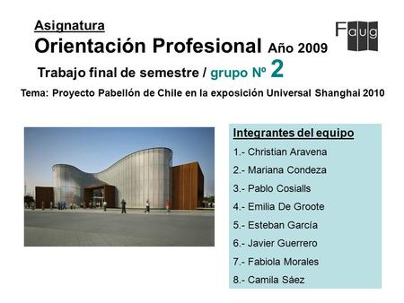 Asignatura Orientación Profesional Año 2009 Integrantes del equipo 1.- Christian Aravena 2.- Mariana Condeza 3.- Pablo Cosialls 4.- Emilia De Groote 5.-