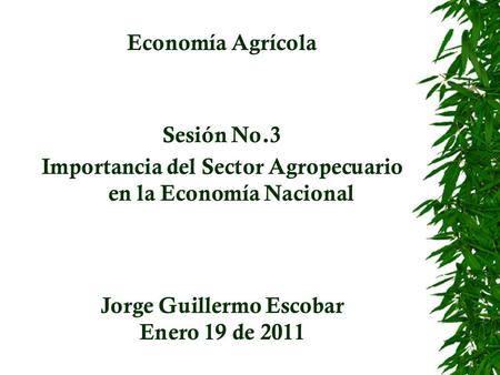 Economía Agrícola Sesión No.3 Importancia del Sector Agropecuario en la Economía Nacional Jorge Guillermo Escobar Enero 19 de 2011.