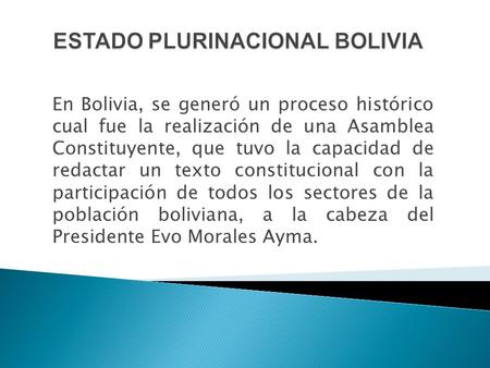 En Bolivia, se generó un proceso histórico cual fue la realización de una Asamblea Constituyente, que tuvo la capacidad de redactar un texto constitucional.