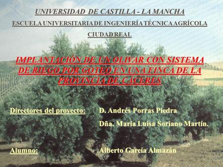 UNIVERSIDAD DE CASTILLA - LA MANCHA ESCUELA UNIVERSITARIA DE INGENIERÍA TÉCNICA AGRÍCOLA CIUDAD REAL IMPLANTACIÓN DE UN OLIVAR CON SISTEMA DE RIEGO POR.