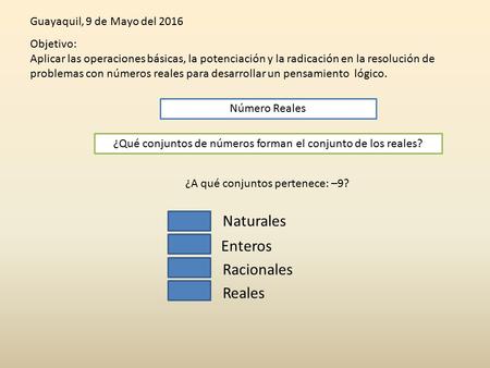 Guayaquil, 9 de Mayo del 2016 Número Reales Objetivo: Aplicar las operaciones básicas, la potenciación y la radicación en la resolución de problemas con.