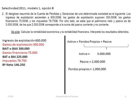 F.R.M.Economía de la Empresa1 Selectividad 2011, modelo 1, opción B Ingresos de explotación 600.000 Gastos de explotación 300.000 BAIT o BAII 300.000 Gastos.