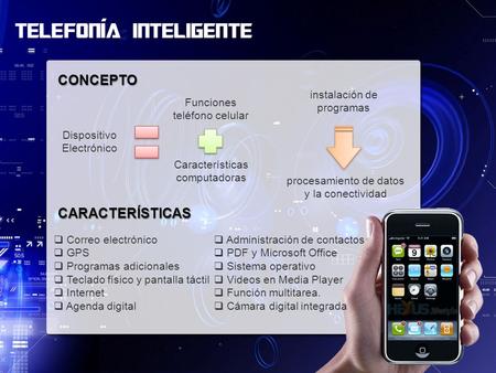 CONCEPTO Dispositivo Electrónico Funciones teléfono celular Características computadoras instalación de programas procesamiento de datos y la conectividad.