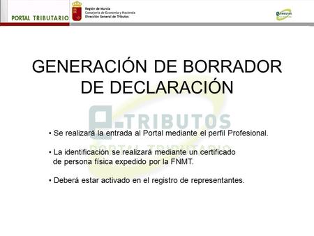 GENERACIÓN DE BORRADOR DE DECLARACIÓN Se realizará la entrada al Portal mediante el perfil Profesional. La identificación se realizará mediante un certificado.