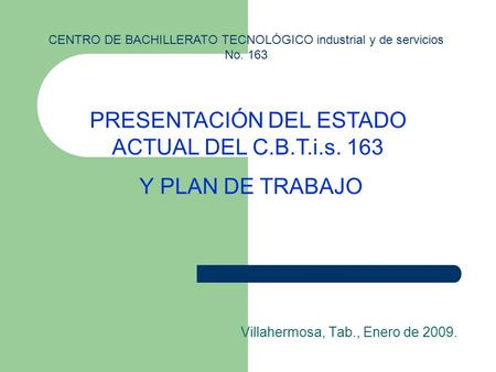 Villahermosa, Tab., Enero de 2009. CENTRO DE BACHILLERATO TECNOLÓGICO industrial y de servicios No. 163 PRESENTACIÓN DEL ESTADO ACTUAL DEL C.B.T.i.s. 163.