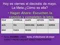 Hoy es viernes el dieciséis de mayo. La Meta:¿Cómo es ella? Hagan Ahora: Escuchen la canción y completen la letra (lyrics). Tarea: EXAMEN– (TEST) lunes,