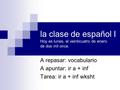La clase de español I Hoy es lunes, el veinticuatro de enero de dos mil once. A repasar: vocabulario A apuntar: ir a + inf Tarea: ir a + inf wksht.