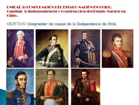 Prof. Marco Obregón D. UNIDAD 2: CONFORMCIÓN DEL ESTADO-NACIÓN EN CHILE. Capítulo 1: Independencia y Construcción del Estado-Nación en Chile. OBJETIVO: