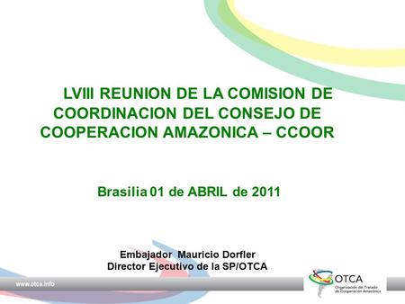 LVIII REUNION DE LA COMISION DE COORDINACION DEL CONSEJO DE COOPERACION AMAZONICA – CCOOR Brasilia 01 de ABRIL de 2011 Embajador Mauricio Dorfler Director.