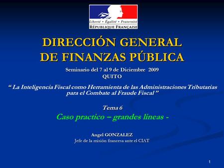 1 DIRECCIÓN GENERAL DE FINANZAS PÚBLICA Seminario del 7 al 9 de Diciembre 2009 QUITO “ ” “ La Inteligencia Fiscal como Herramienta de las Administraciones.