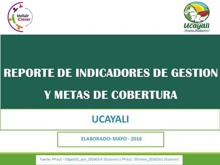 REPORTE DE INDICADORES DE GESTION Y METAS DE COBERTURA UCAYALI ELABORADO: MAYO - 2016 Fuente: PPlay1 – 03gest02_apn_201603v0 (Explorer) y PPlay1 - 05Infant_201603v1.