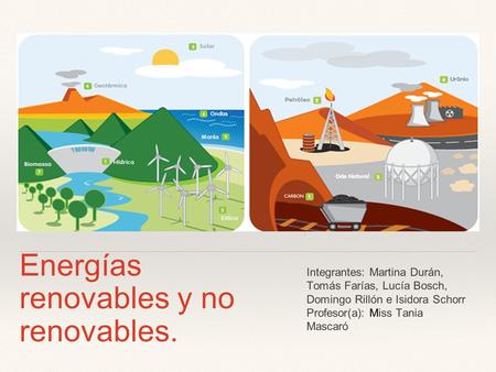 Energías renovables y no renovables. Integrantes: Martina Durán, Tomás Farías, Lucía Bosch, Domingo Rillón e Isidora Schorr Profesor(a): Miss Tania Mascaró.