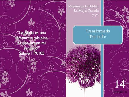 Transformada Por la Fe Mujeres en la Biblia: La Mujer Sanada y yo 14 LECCIÓN 14 “La Biblia es una lámpara a mis pies, es una luz en mi sendero.” Salmo.
