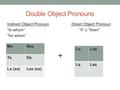 Double Object Pronouns Indirect Object Pronoun Direct Object Pronoun “to whom”“it” o “them” “for whom” MeNos TeOs Le (se)Les (se) + LoLos LaLas.