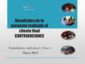 Resultados de la encuesta realizada al cliente final CONTRIBUCIONES Modalidades individual y Nao`s Mayo 2012.