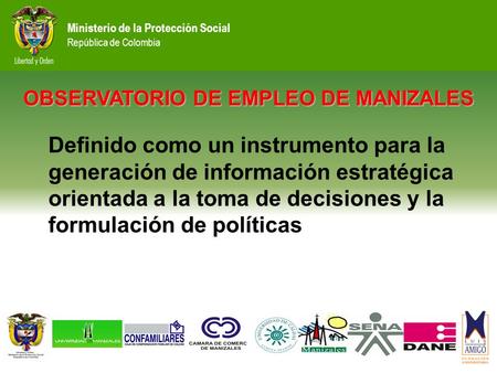 Ministerio de la Protección Social República de Colombia OBSERVATORIO DE EMPLEO DE MANIZALES Definido como un instrumento para la generación de información.