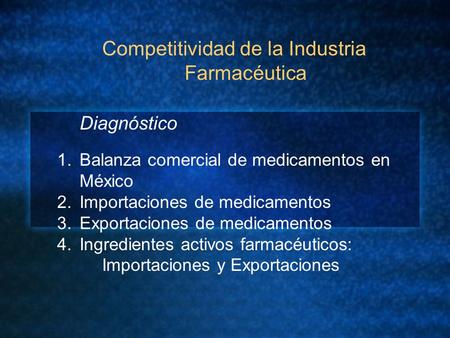 Competitividad de la Industria Farmacéutica Diagnóstico 1.Balanza comercial de medicamentos en México 2.Importaciones de medicamentos 3.Exportaciones de.