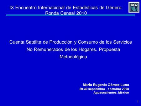 1 IX Encuentro Internacional de Estadísticas de Género. Ronda Censal 2010 Cuenta Satélite de Producción y Consumo de los Servicios No Remunerados de los.