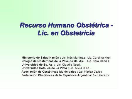 Recurso Humano Obstétrica - Lic. en Obstetricia Ministerio de Salud Nación : Lic. Inés Martínez Lic. Carolina Nigri Colegio de Obstétricas de la Pcia.