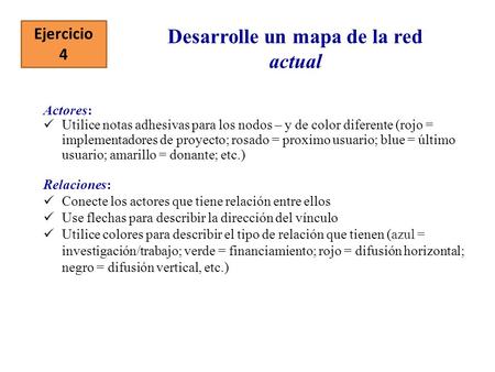Ejercicio 4 Desarrolle un mapa de la red actual Actores: Utilice notas adhesivas para los nodos – y de color diferente (rojo = implementadores de proyecto;