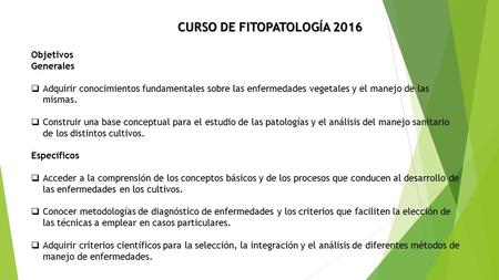 Objetivos Generales  Adquirir conocimientos fundamentales sobre las enfermedades vegetales y el manejo de las mismas.  Construir una base conceptual.