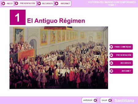 HISTORIA DEL MUNDO CONTEMPORÁNEO TEMA 1 RECURSOSINTERNETPRESENTACIÓN Santillana INICIO 1 El Antiguo Régimen PARA COMENZAR PRESENTACIÓN RECURSOS INTERNET.