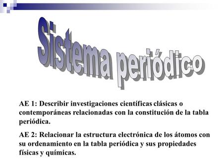 AE 1: Describir investigaciones científicas clásicas o contemporáneas relacionadas con la constitución de la tabla periódica. AE 2: Relacionar la estructura.