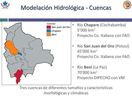Modelación Hidrológica - Cuencas Tres cuencas de diferentes tamaños y características morfológicas y climáticas Río Chapare (Cochabamba) 5’000 km 2 Proyecto.