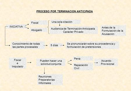 INICIATIVA PROCESO POR TERMINACION ANTICIPADA Fiscal Abogado Una sola citación Audiencia de Terminación Anticipada Carácter Privado Antes de la Formulación.