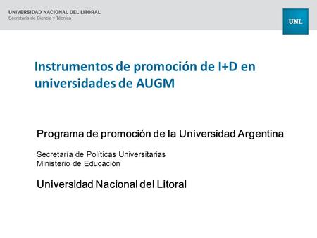 Instrumentos de promoción de I+D en universidades de AUGM Programa de promoción de la Universidad Argentina Secretaría de Políticas Universitarias Ministerio.