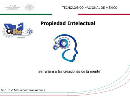 TECNOLÓGICO NACIONAL DE MÉXICO M.C José María Calderón Ancona Propiedad Intelectual Se refiere a las creaciones de la mente.