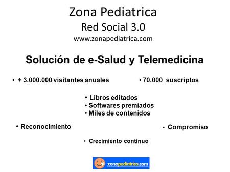 Zona Pediatrica Red Social 3.0  Solución de e-Salud y Telemedicina + 3.000.000 visitantes anuales 70.000 suscriptos Reconocimiento.
