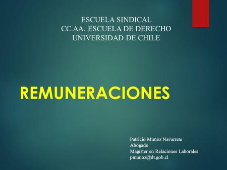 REMUNERACIONES Patricio Muñoz Navarrete Abogado Magíster en Relaciones Laborales ESCUELA SINDICAL CC.AA. ESCUELA DE DERECHO UNIVERSIDAD.